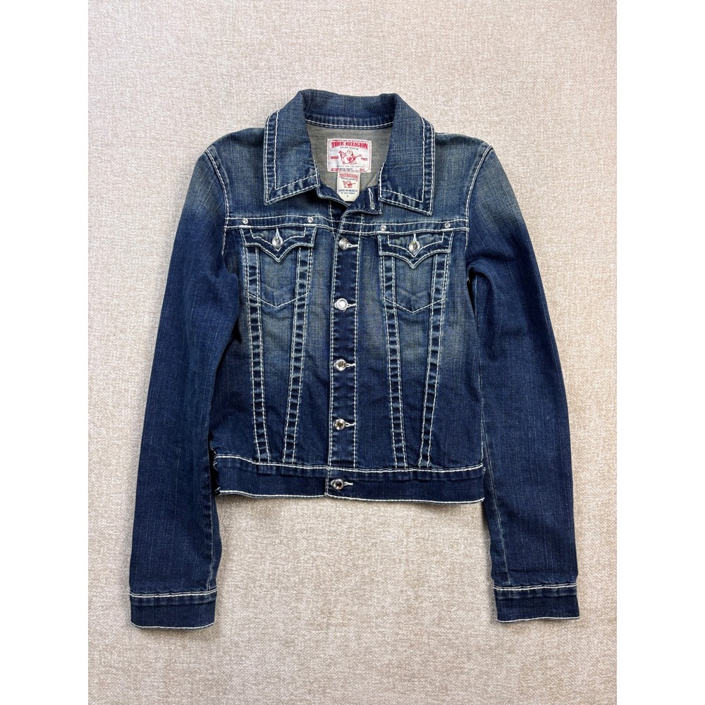 True Religion Girls Disco Emily Big T Denim Jacket Blue Rhinestone Size L